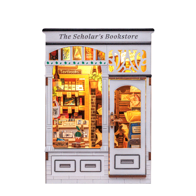 Model of 'The Scholar's Bookstore' with illuminated interior, featuring the brand 'CuteBee'.